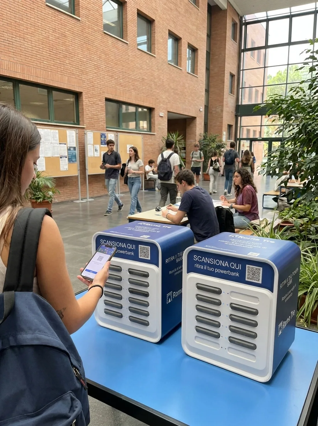 Una studentessa inquadra il QR di una stazione nell'atrio di un campus universitario